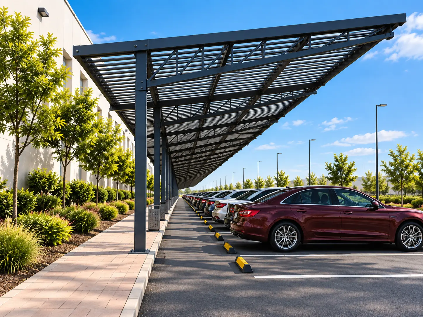 Vehicle parking area beneath a shade canopy