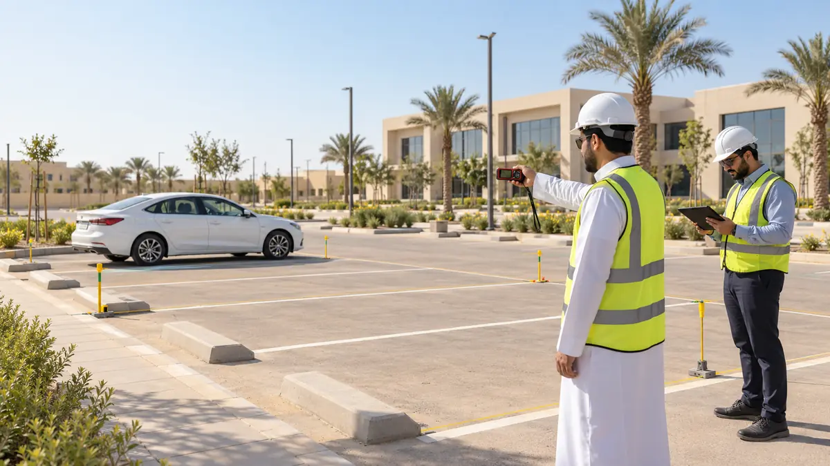 Site survey team measuring marked parking bays for a proposed car parking shade in Saudi Arabia