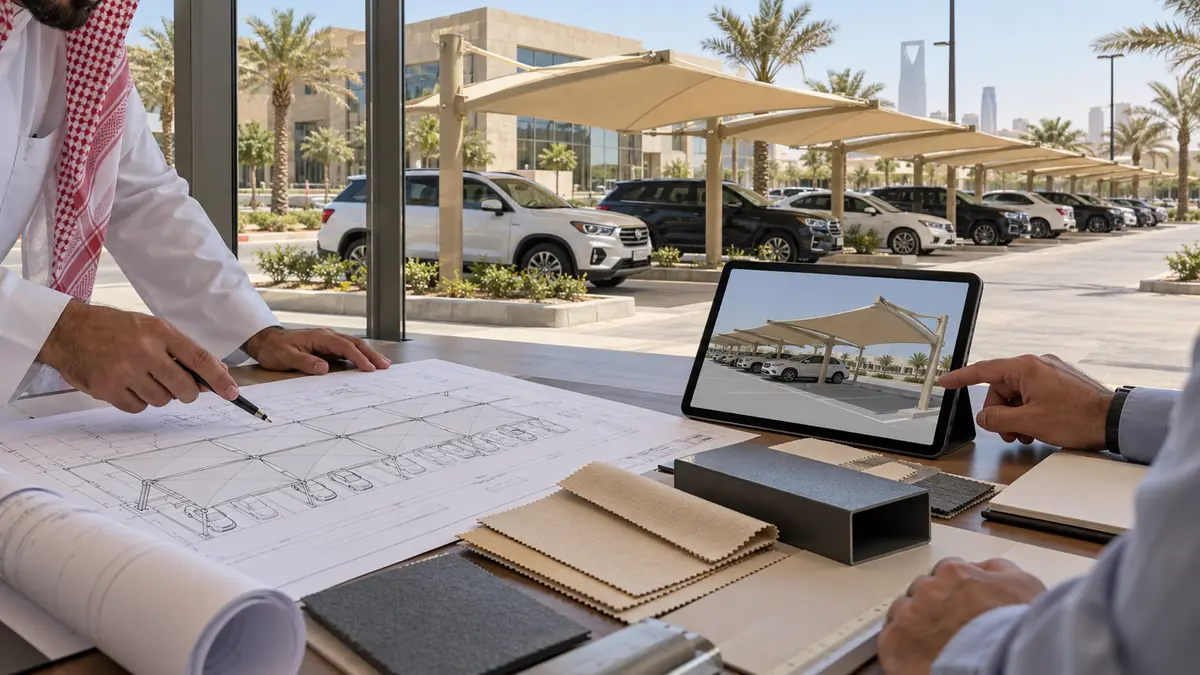 فريق مشروع يراجع مخططات مظلات المواقف وعينات القماش وتشطيب الفولاذ قبل التصنيع